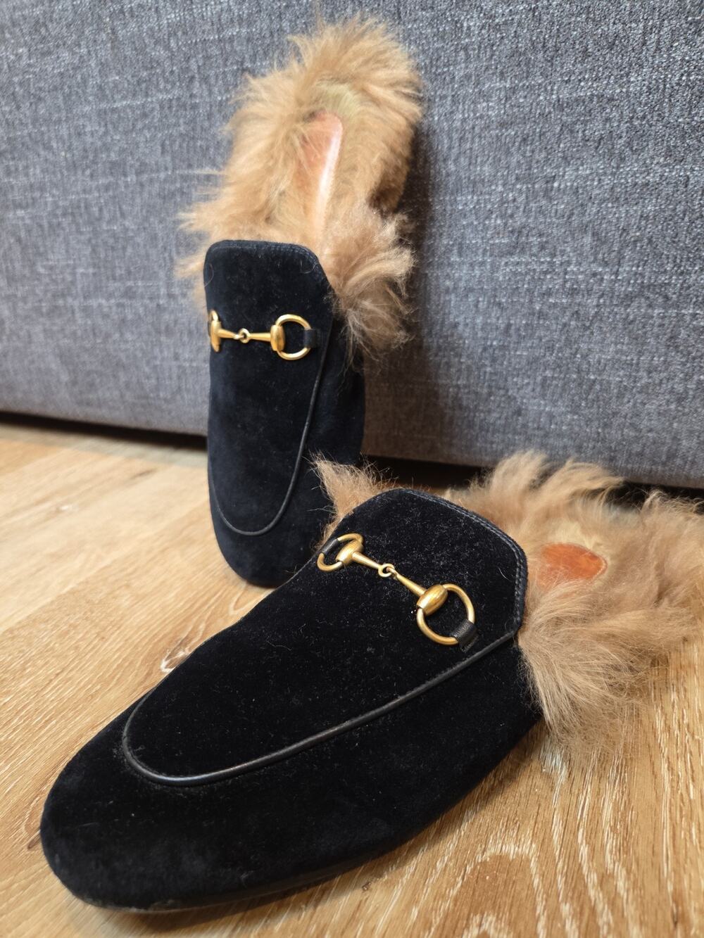 Gucci Princetown Horsebit Fur EU 38 US 8 Black GG Velvet Leather Loafer BB3